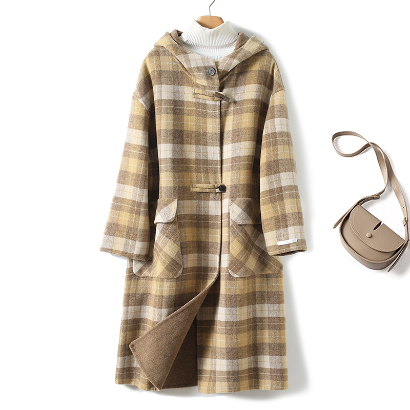 自留款！2025秋冬款复古学院风撞色格纹连帽Y毛双面呢大衣外套女
