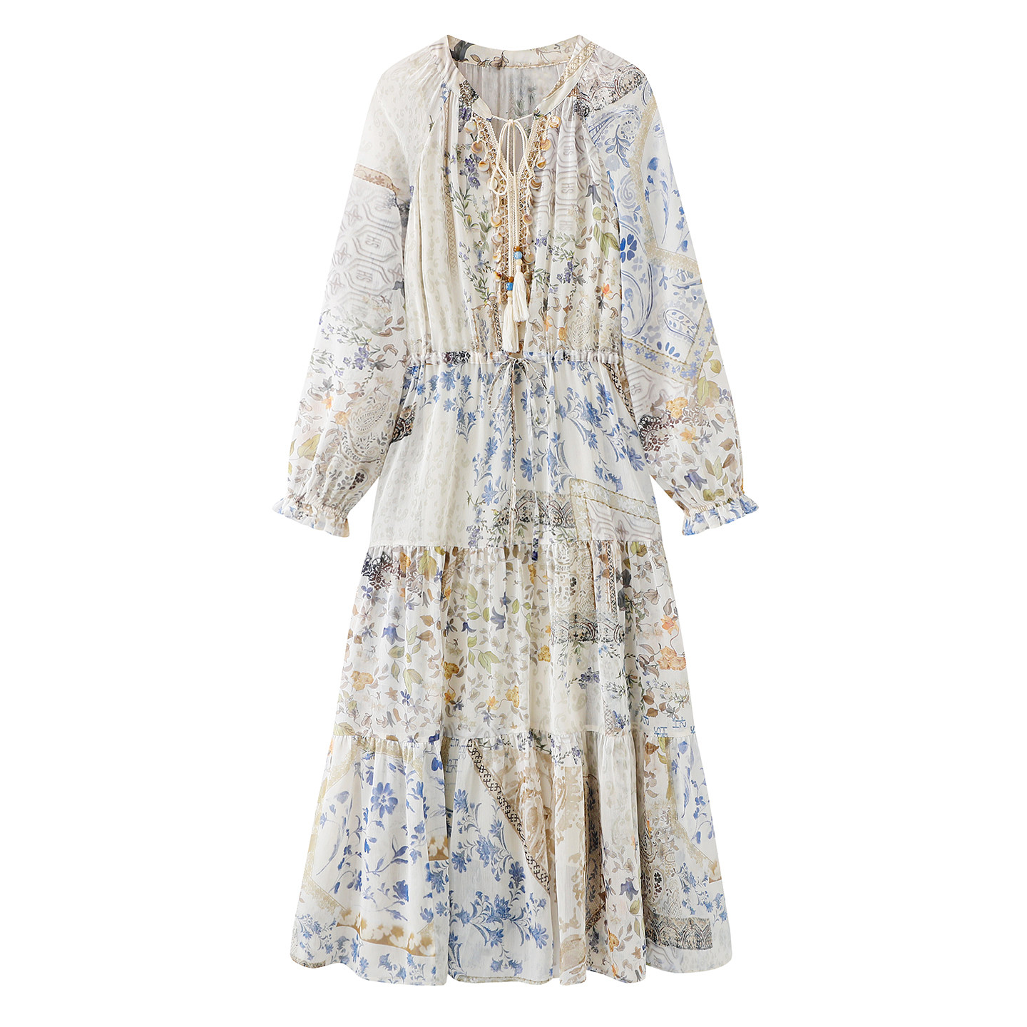 袖系！海边度假连衣裙2026春夏款女装流苏系带串珠抽绳碎花雪纺裙