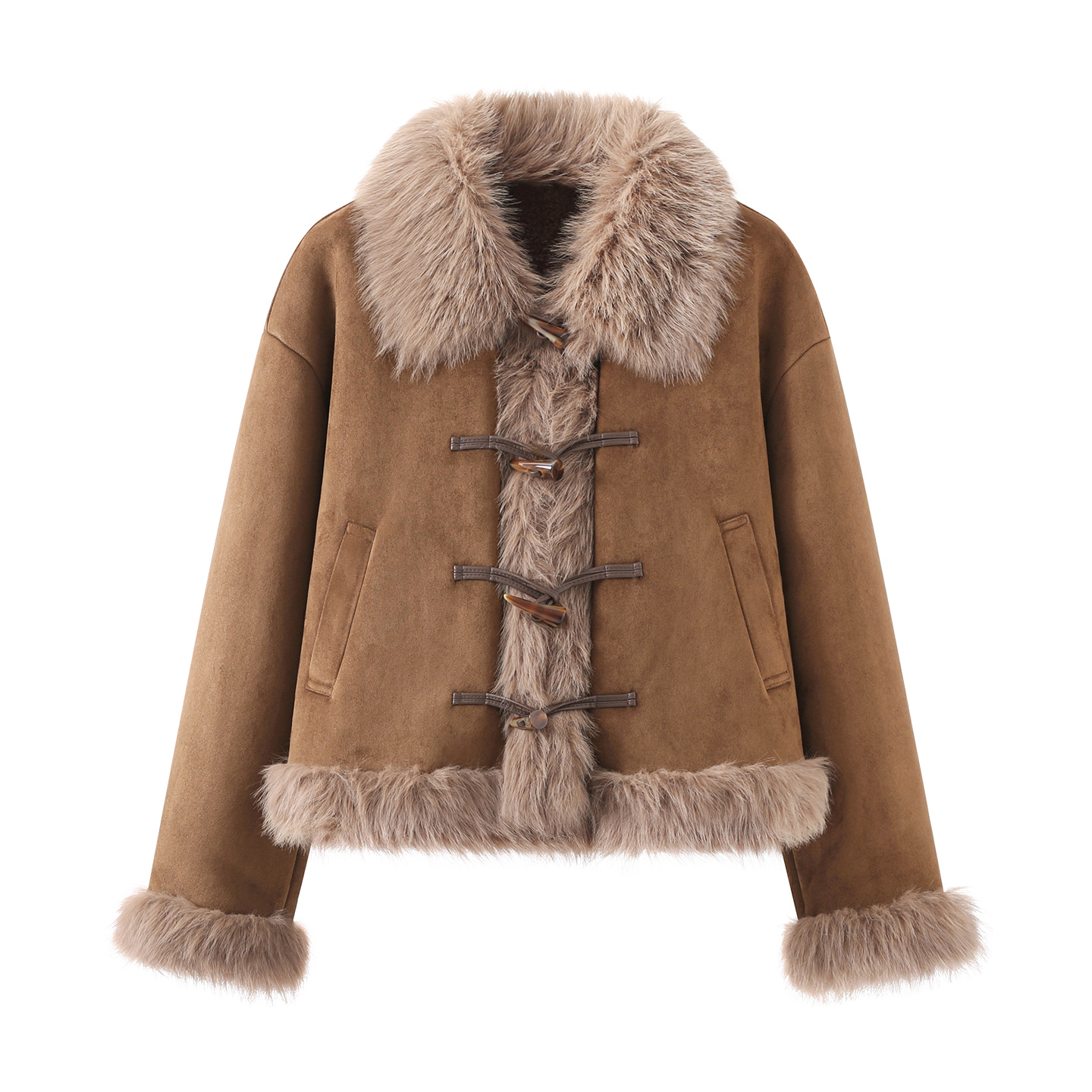 彩系！复古毛毛拼接麂皮绒外套女2025冬独特超好看加厚牛角扣上衣