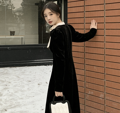 法式小香风连衣裙秋冬款高级感气质名媛丝绒收腰显瘦内搭打底裙子