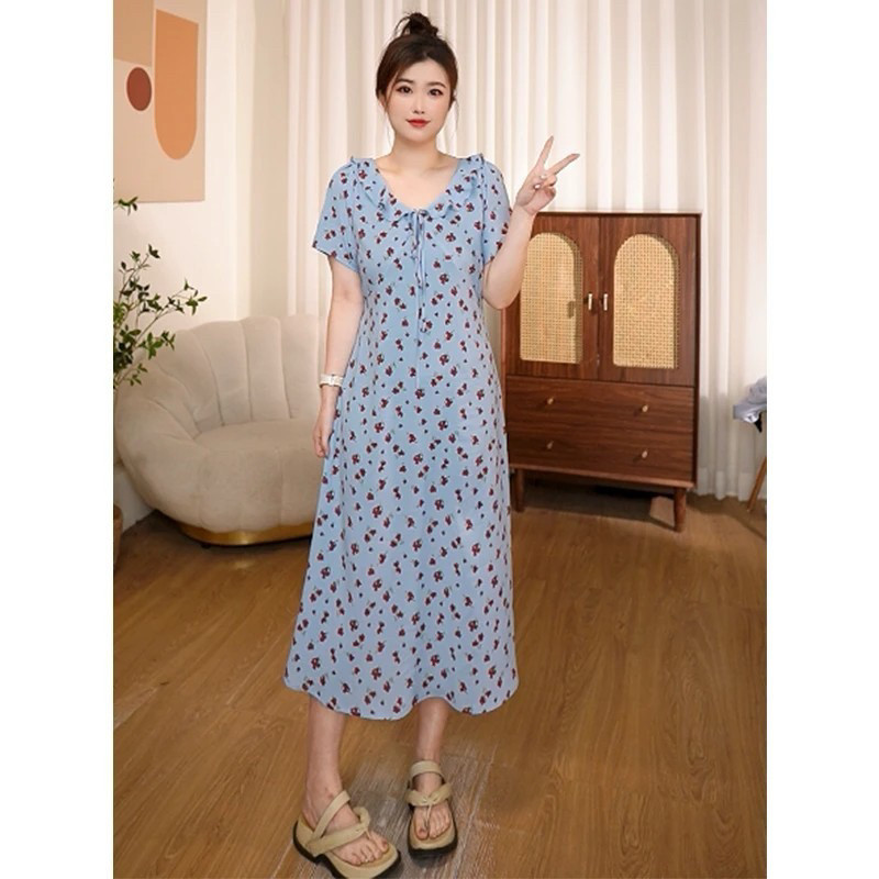 大码女装胖mm法式V领荷叶边碎花短袖连衣裙2025夏季显瘦气质长裙