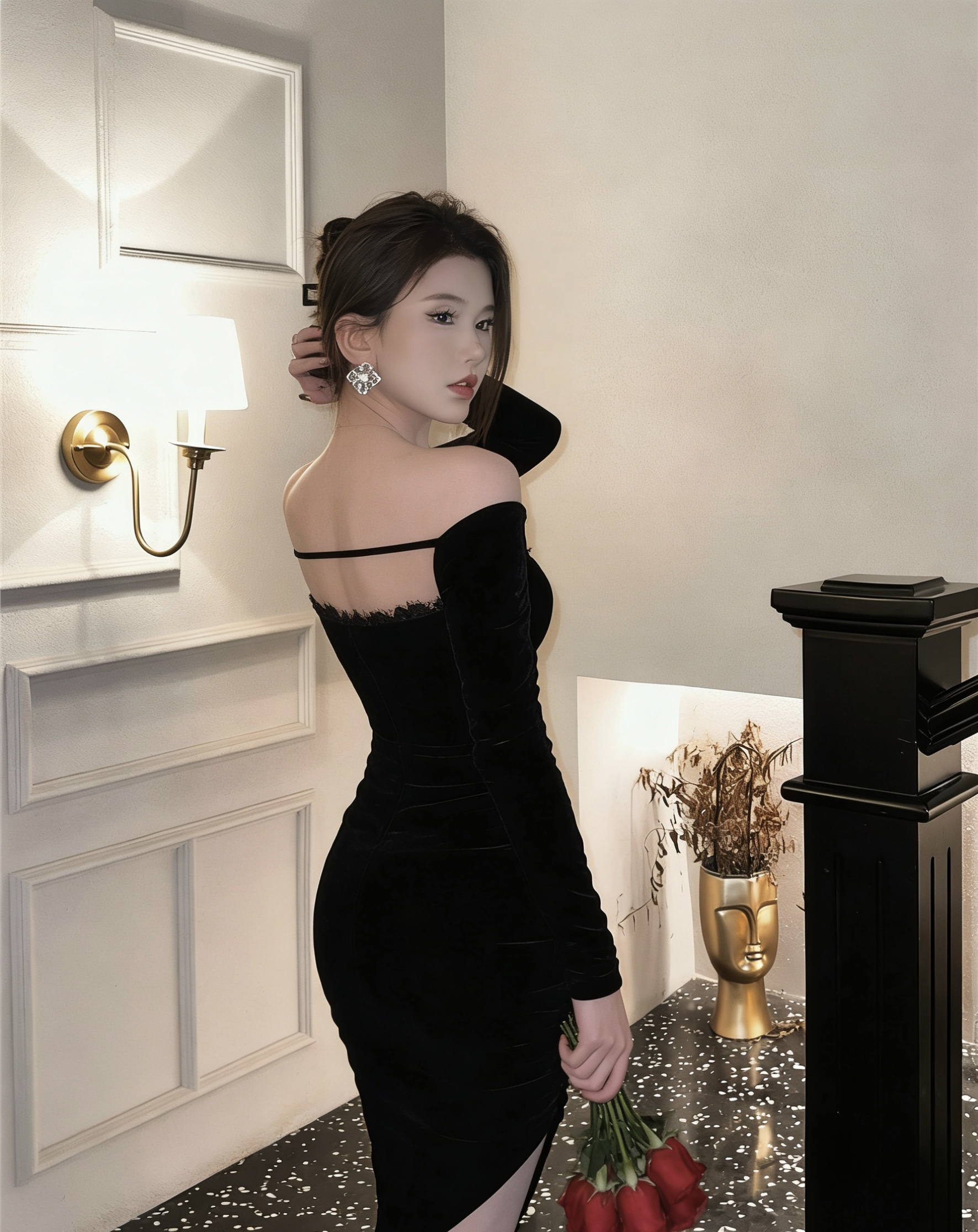 2025年新款法式气质一字肩丝绒连衣裙女秋冬高级感小个子内搭打底