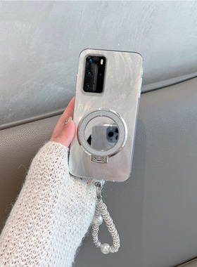 适用于华为p40手机壳p40pro新款女ana-an00简约带支架p4opro荣耀p四零por曲屏ppro镜子p4o高级感手绳全包防摔