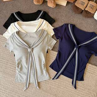 T恤女修身 校园风正肩撞色系带短袖 百搭固定带胸垫显瘦女 新款 夏季