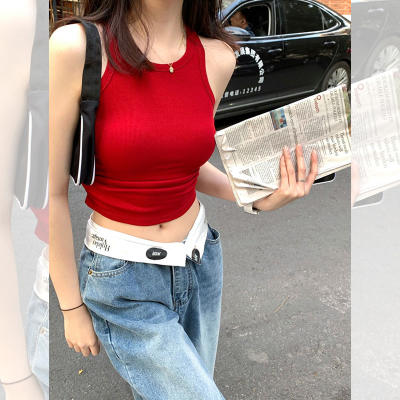 辣妹褶皱红色吊带背心女带胸垫内搭外穿修身显瘦美背运动打底上衣