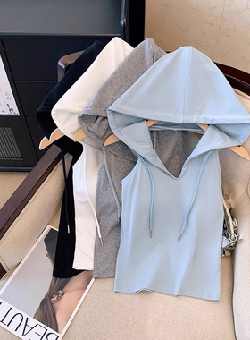 白色露背挂脖吊带背心上衣女夏带胸垫内搭泰式显身材运动外穿连帽