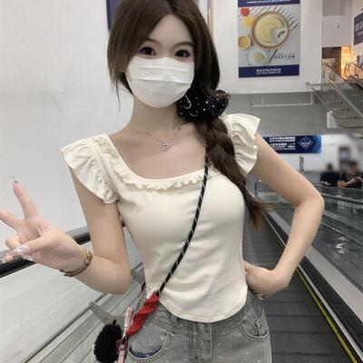 上衣红色正肩方领花边短袖T恤女