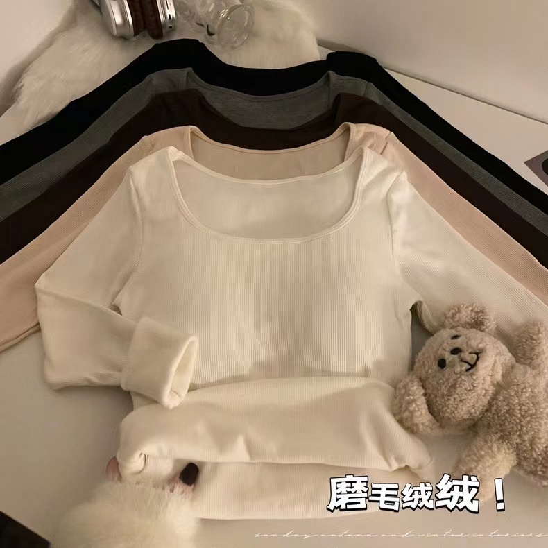 秋季小众磨毛保暖长袖美背女T恤