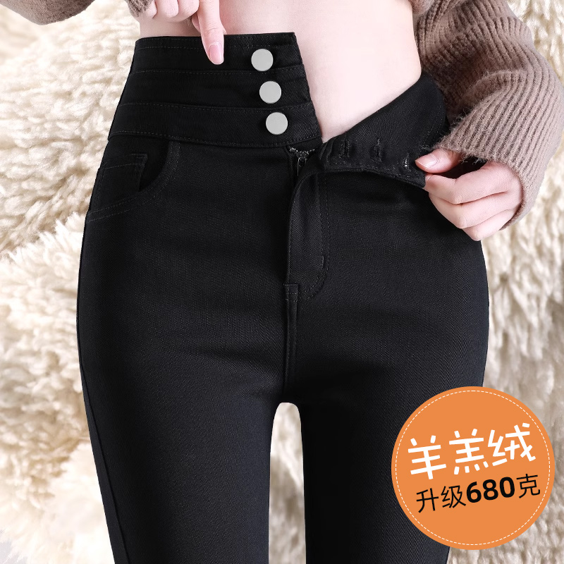 羊羔绒打底裤女秋冬外穿2025新款小脚紧身加绒加厚保暖黑色棉裤女