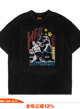 NOVACAM VINTAGE ROCKY洛奇美式复古街头水洗做旧破坏宽松国潮T恤