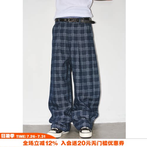 NOVACAM复古格子阔腿牛仔裤