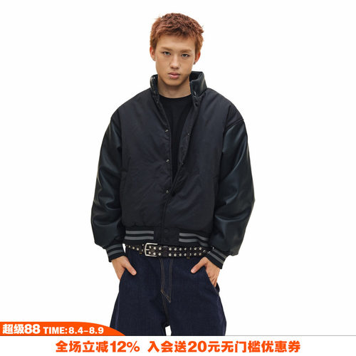 NOVACAM 复古美式短款cleanfit版型vibe皮袖加厚棉服棒球夹克外套