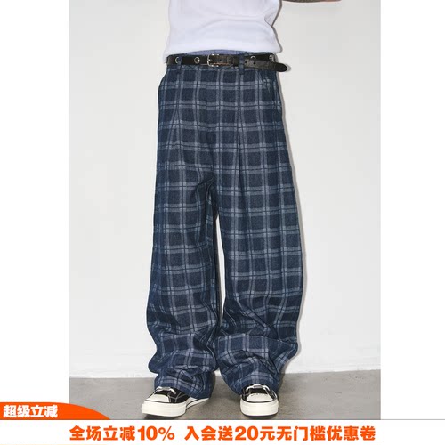 NOVACAM复古格子阔腿牛仔裤