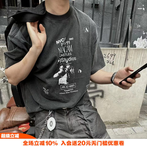 NOVACAM 美式复古vintage裂纹印花反缝线做旧水洗黑宽松短袖T恤