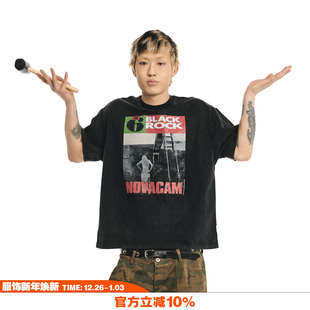T恤 vintage街头ROCK摇滚印花反缝线水洗黑宽松短袖 NOVACAM 美式