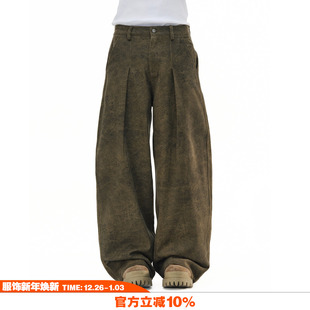 型baggy阔腿褶皱褐色休闲裤 重磅做旧废土风弯刀版 美式 NOVACAM