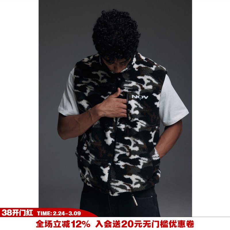 NOVACAM 美式休闲双面穿短款摇粒绒迷彩马甲男保暖坎肩背心