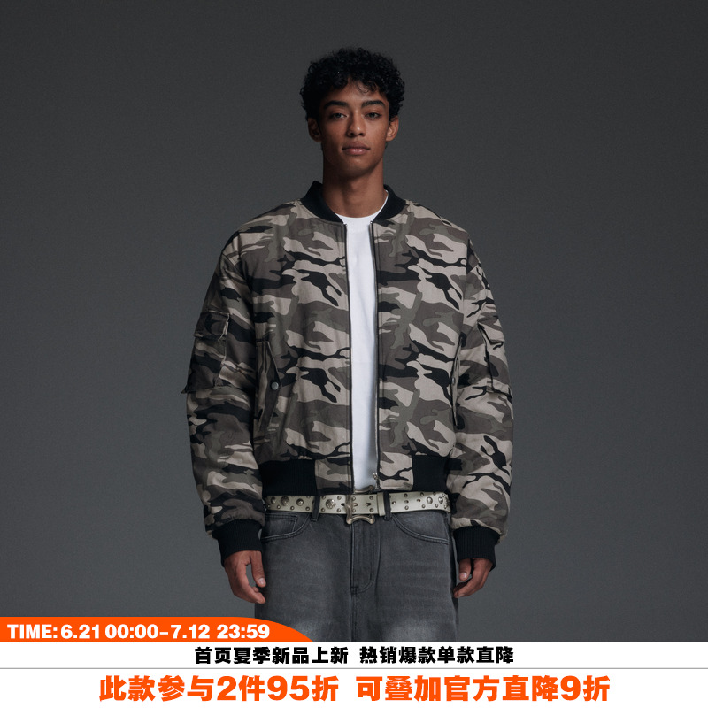 NOVACAM 美式复古高街短款vibe雪地迷彩飞行夹克棉服外套男