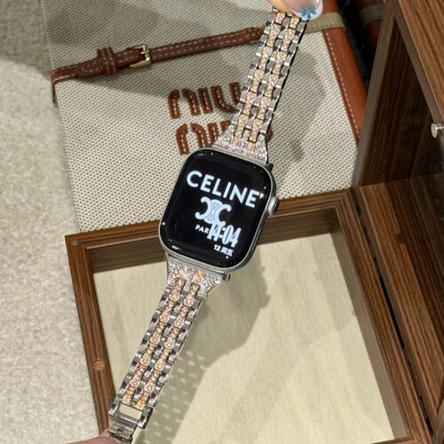 适用iwatch12表带S11代新款闪钻鎏金小蛮腰SE金属78910苹果高级女