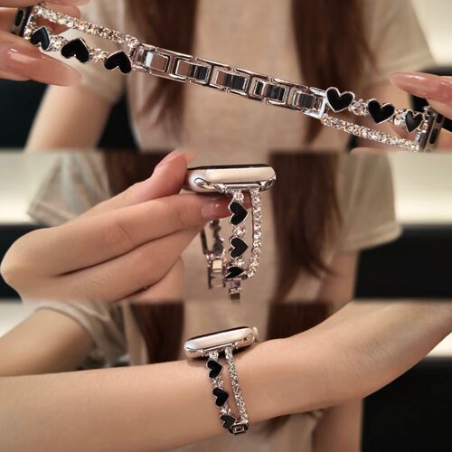 细款心形镶钻适用S12表带苹果iwatch11手表金属链条78910腕带女SE