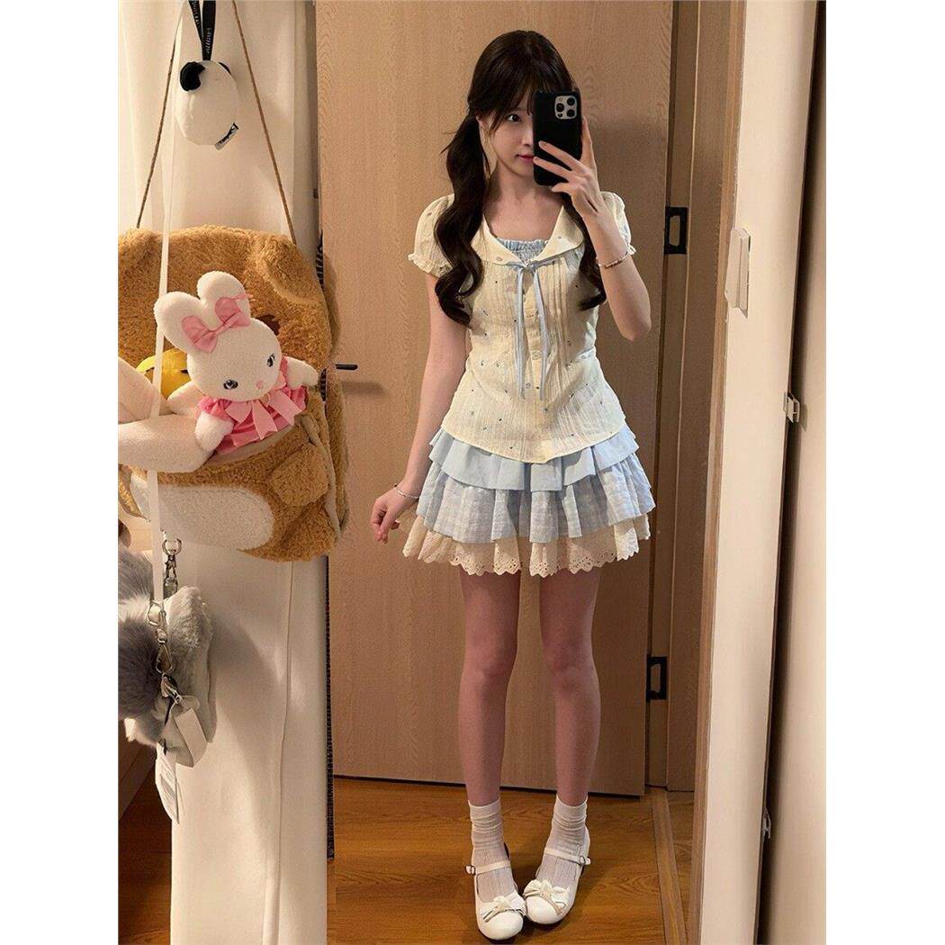 学院风甜美假两件碎花套