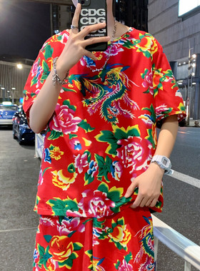 HT203东北大花圆领短袖T恤可套装中国风民族特色汉服团队服大码男