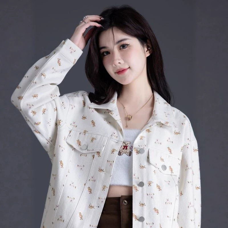 小众可爱满印小熊牛仔外套女春秋新款韩系慵懒风百搭工装夹克上衣