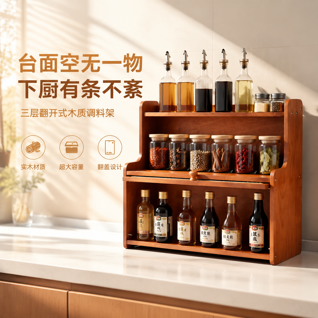 厨房桌面墙角置物架2026新款多层调料品收纳多功能防尘实木收纳架