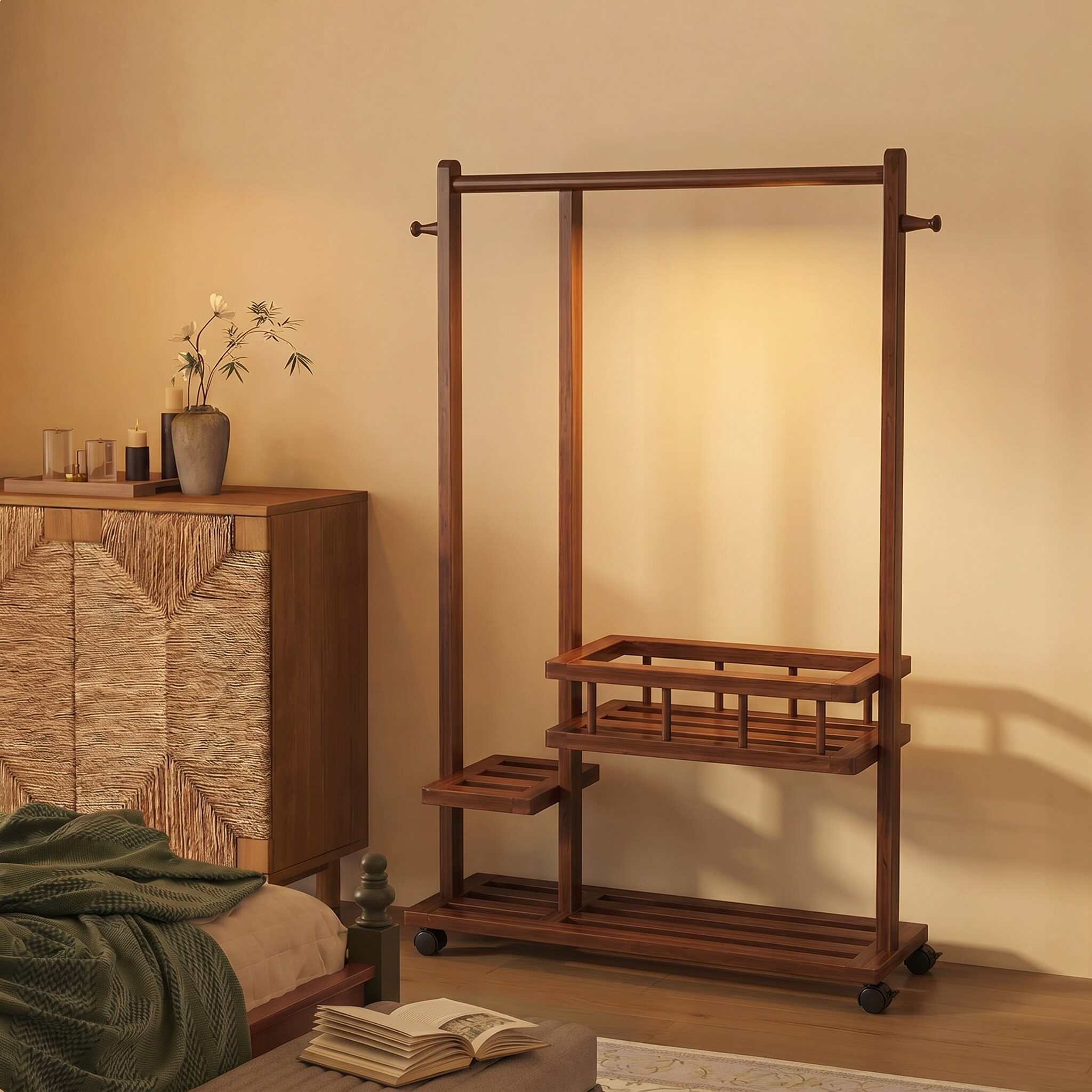 2026新款简易不占空间衣架卧室落地置物中古风小户型家用衣服架子