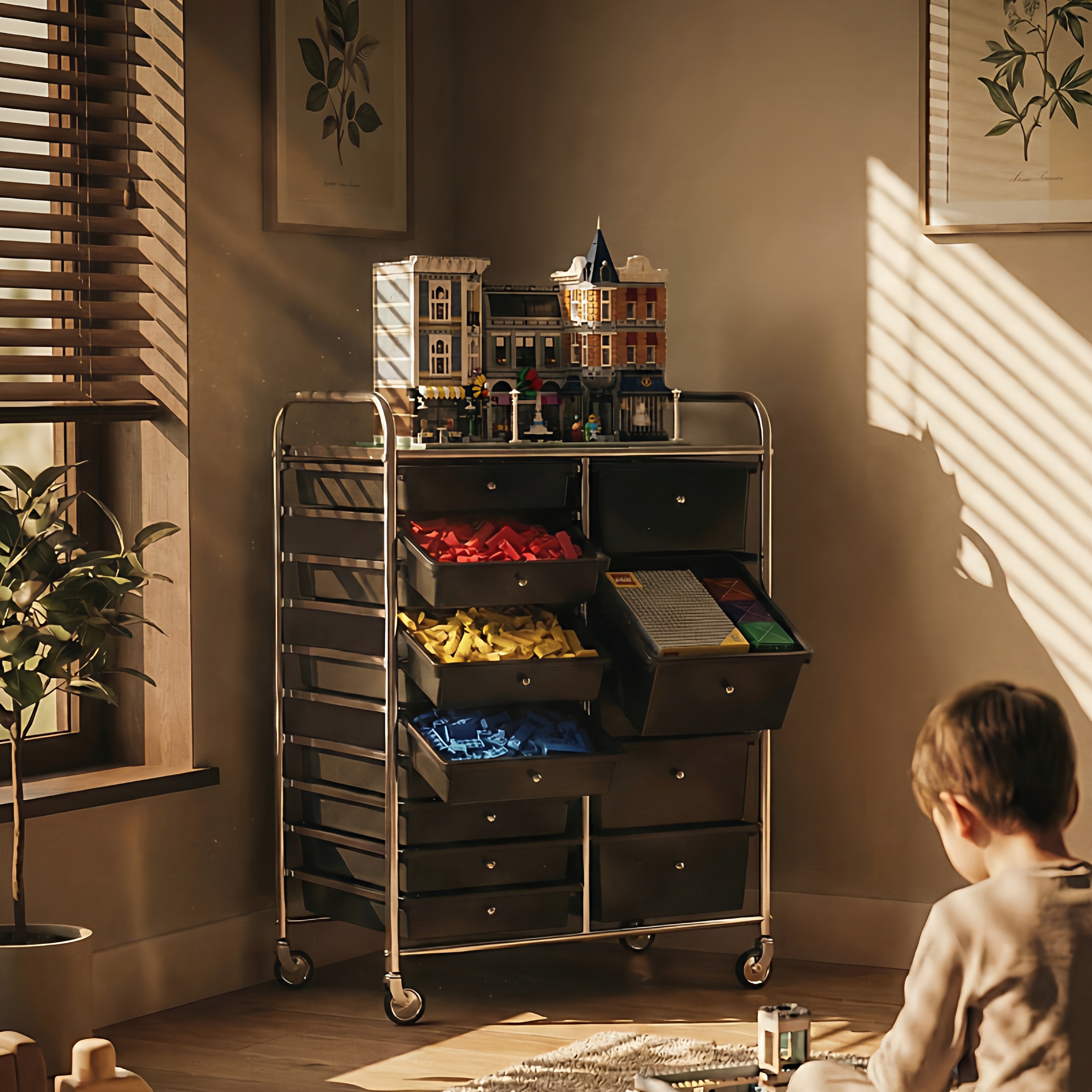 儿童玩具置物架中古风多层小汽车玩具书本一体可移动收纳架大容量