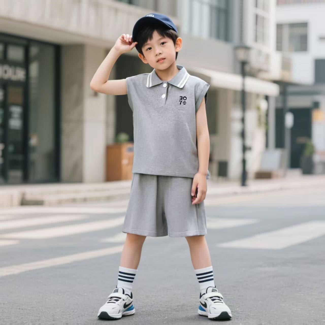 儿童夏季无袖套装新款男女童嘻哈短裤POLO衫套装吸汗透气薄款