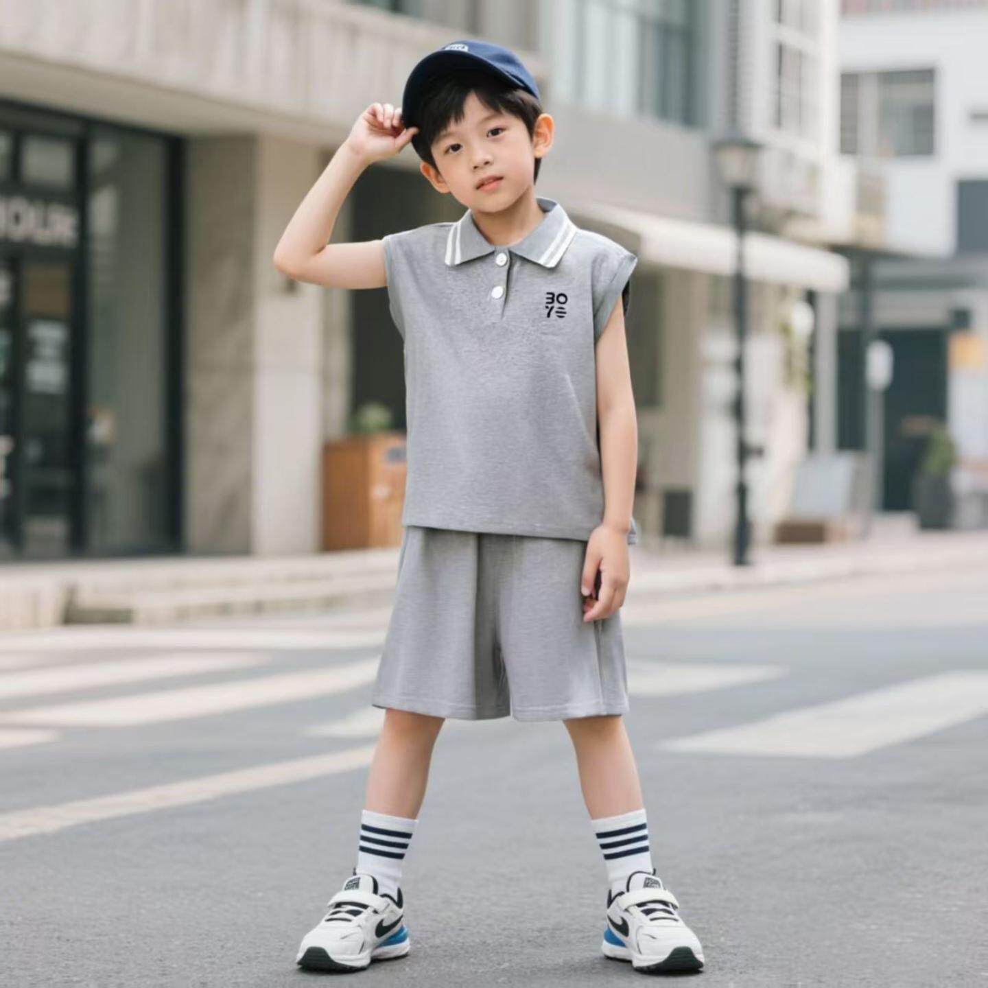 儿童夏季无袖套装新款男女童嘻哈短裤POLO衫套装吸汗透气薄款