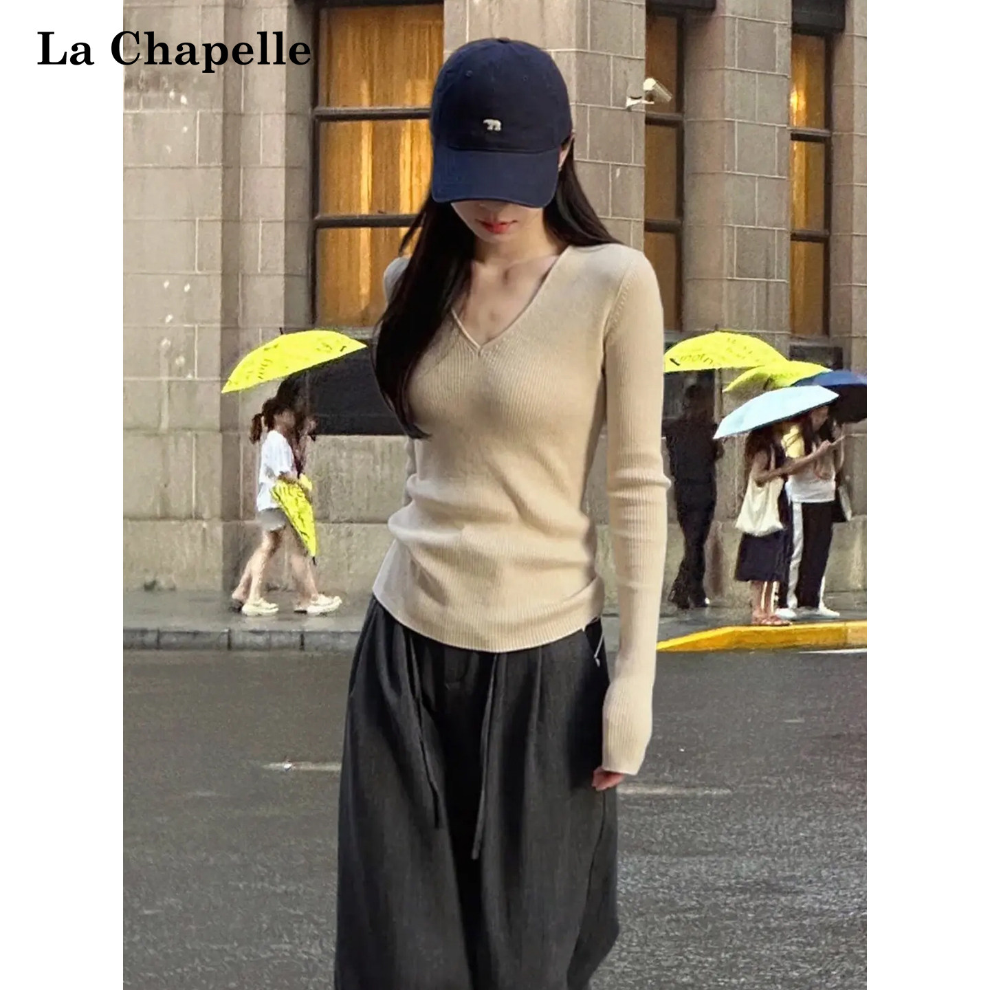 拉夏贝尔v领针织衫女2025年秋冬保暖显瘦百搭纯色打底衫长袖上衣