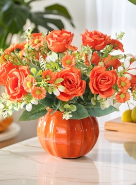 橙色玫瑰仿真花假花绢花花束桌面摆件家居装饰花艺套装客厅卧室