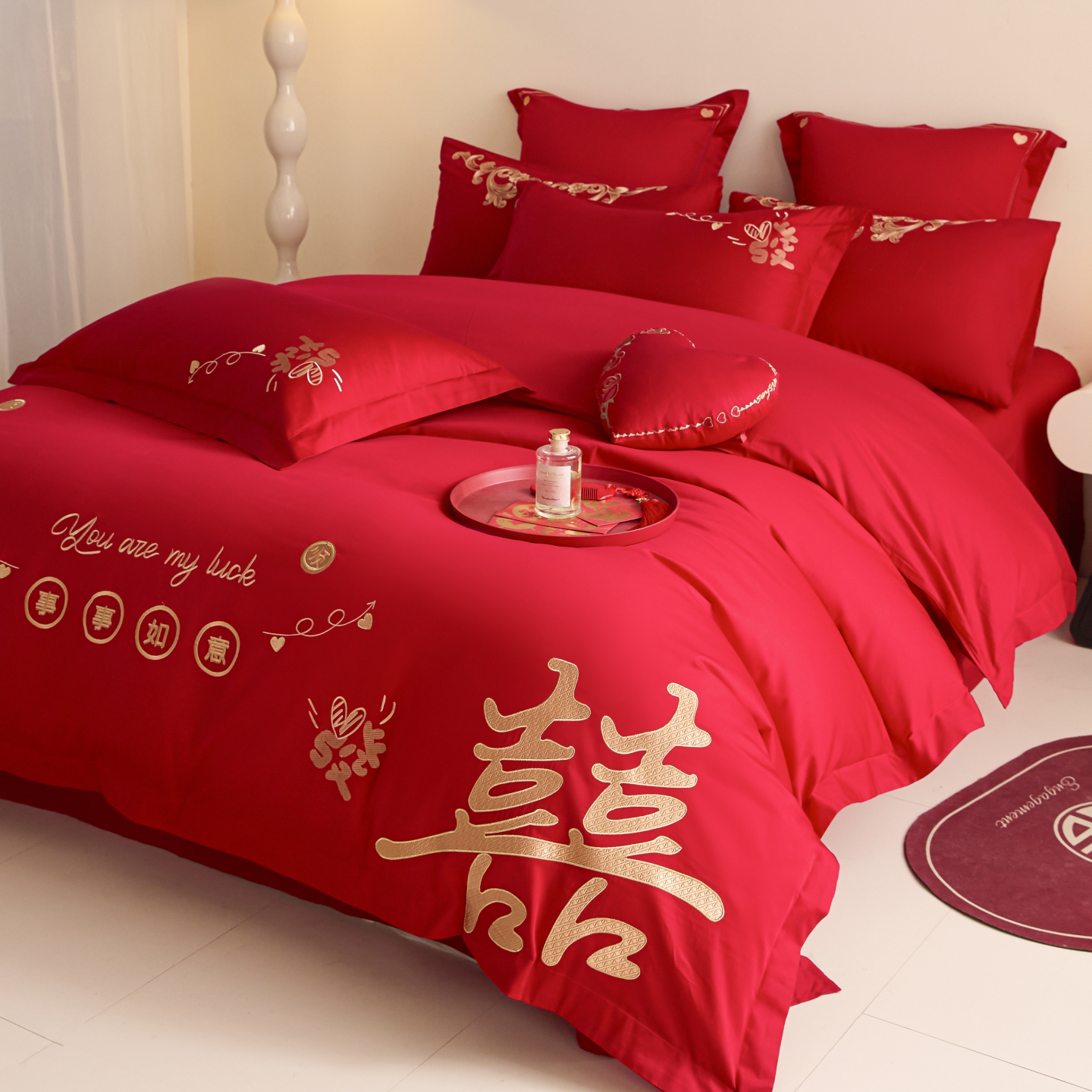新中式长绒棉大红色婚庆四件套高档纯棉龙凤刺绣被套结婚嫁床品