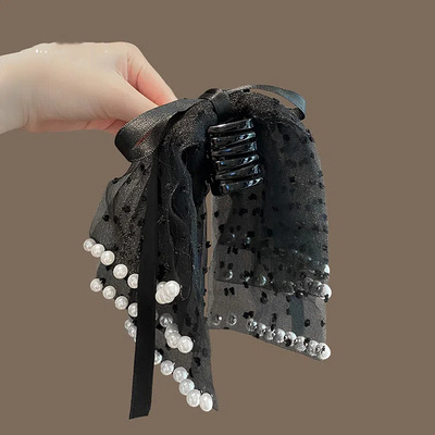 超仙小香风发夹女2024新款珍珠多层蝴蝶结小抓夹后脑勺半扎鲨鱼夹