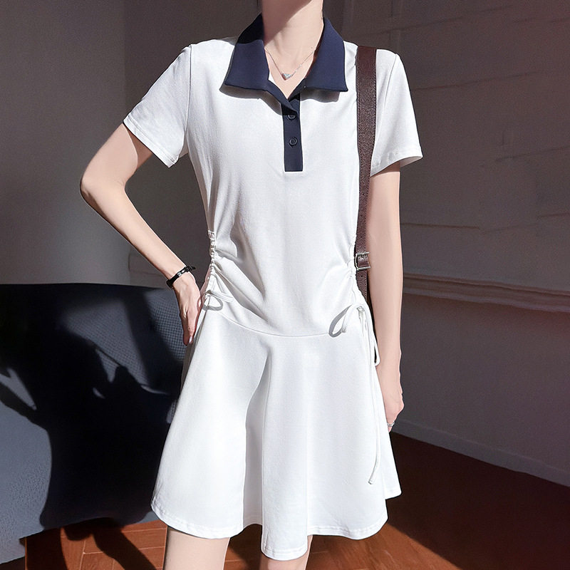 学院风POLO领连衣裙女2026款撞色短袖修身抽褶裙子棉T中长款裙子