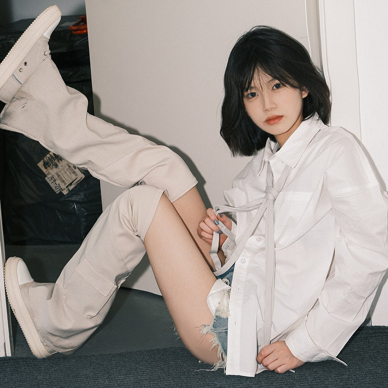 新款欧美时装过膝长筒靴女炸街辣妹风牛仔裤管高筒长靴夏季靴子