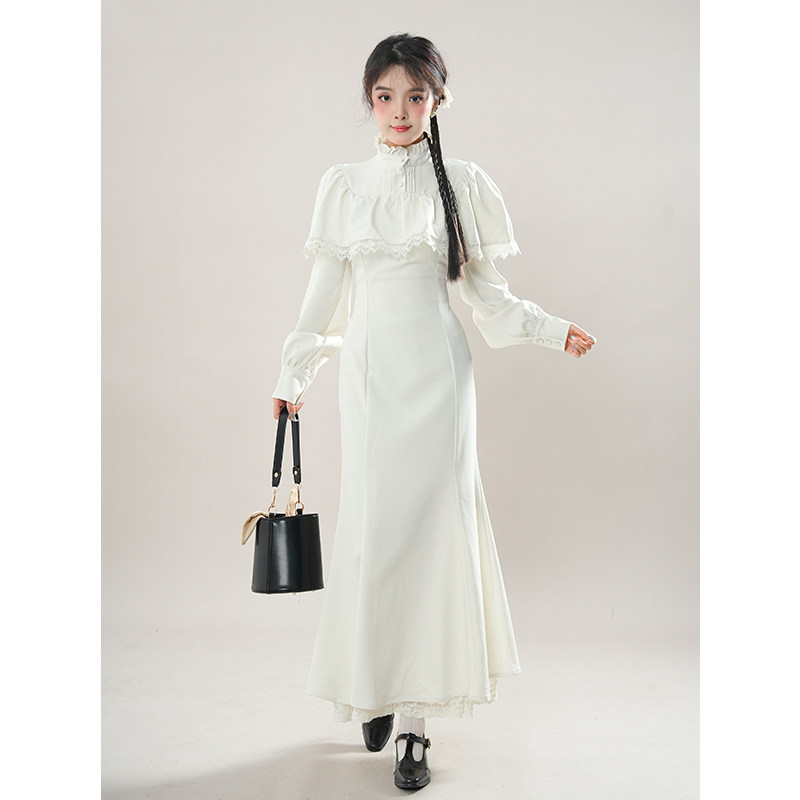法式富家千金斗篷连衣裙女春季2025新款高级感收腰显瘦鱼尾长裙子