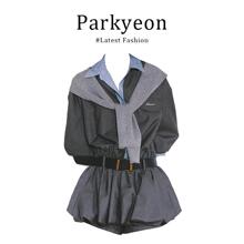 parkyeon2025新款韩系假两件赫本风连衣裙女秋收腰显瘦花苞裙短裙