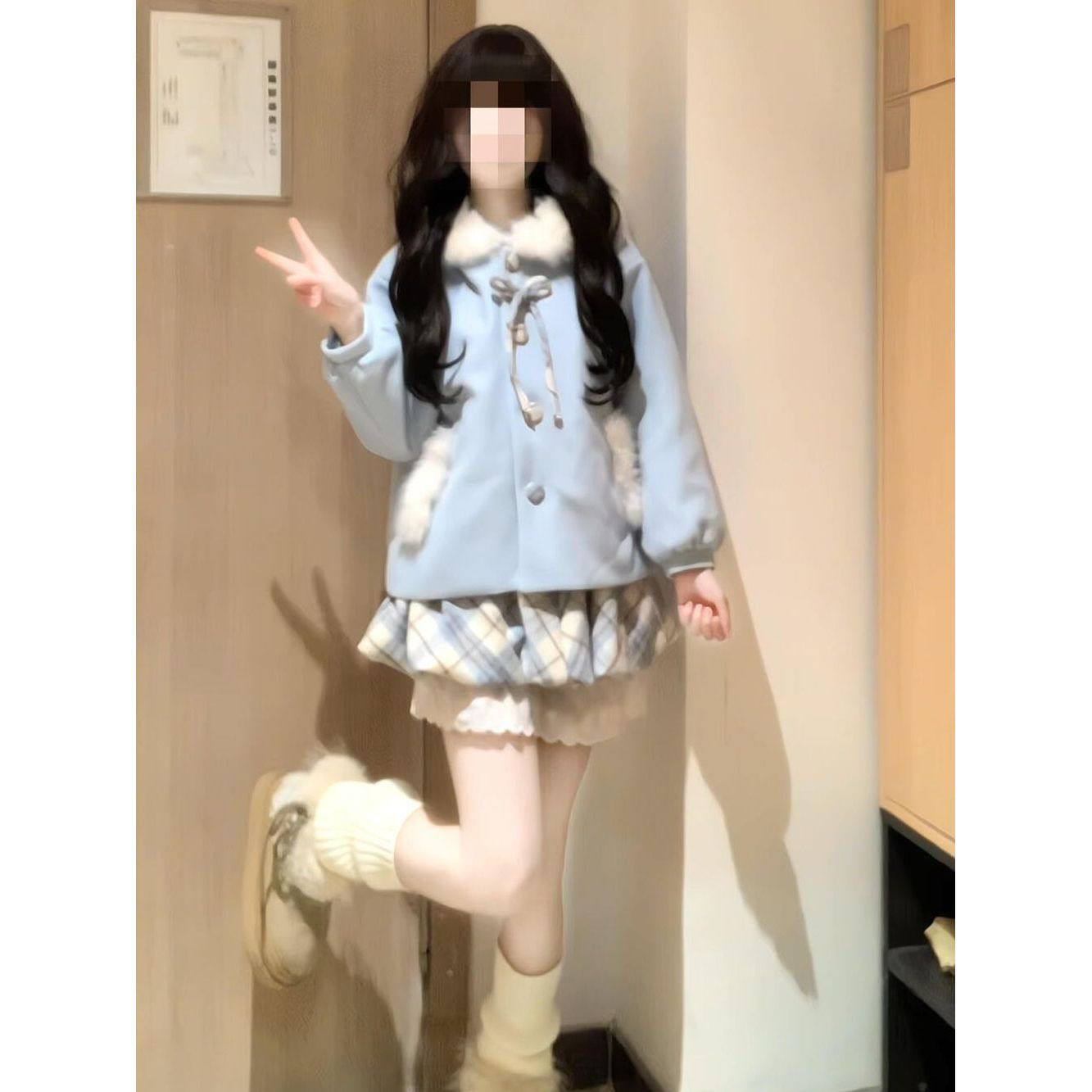 可爱小熊甜美学院风高级感两件套女冬新款毛呢连帽外套+裙裤套装