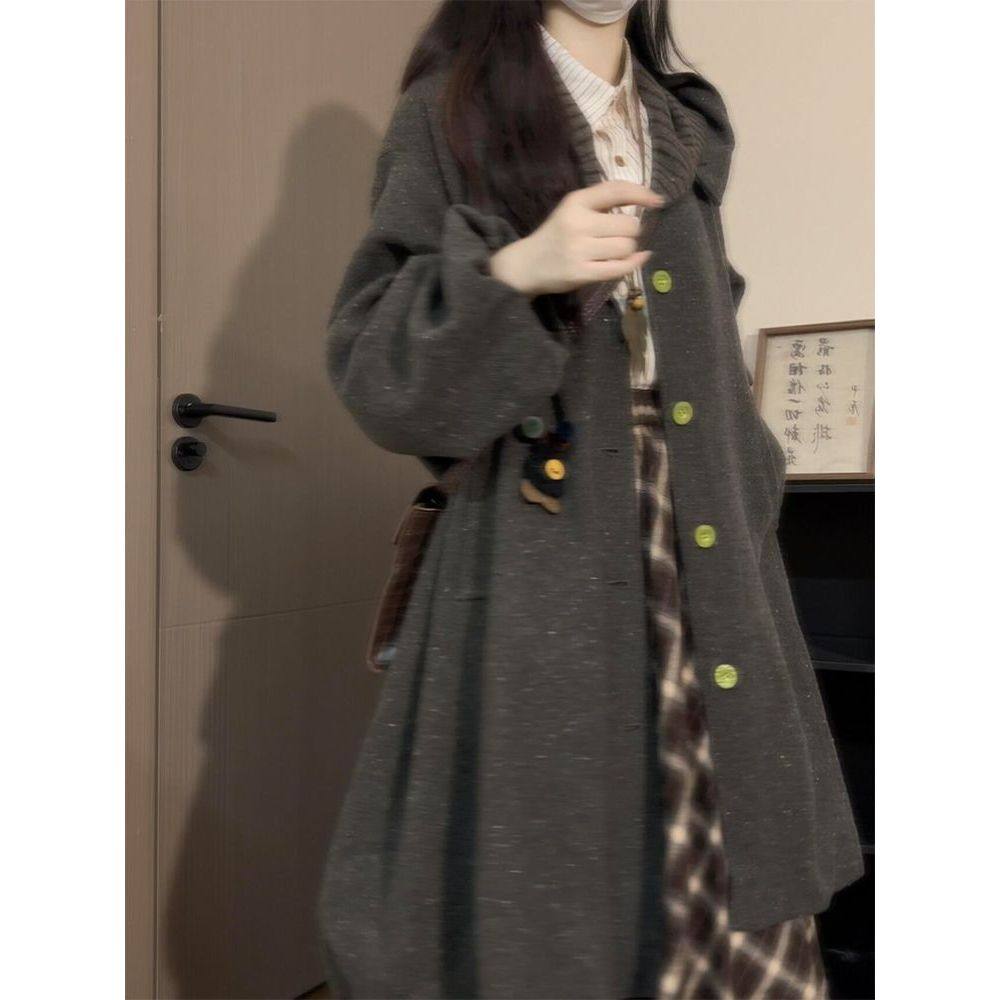 日系复古vintage设计感连帽花苞下摆中长款宽松毛呢大衣外套冬季