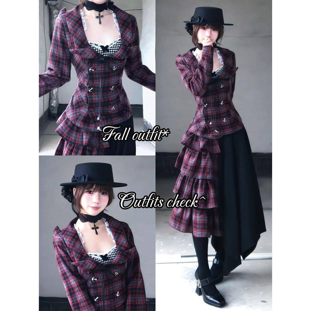 【紫玫秘典】哥特暗黑魔女轻亚穿搭古早味上衣+半裙两件套女冬季
