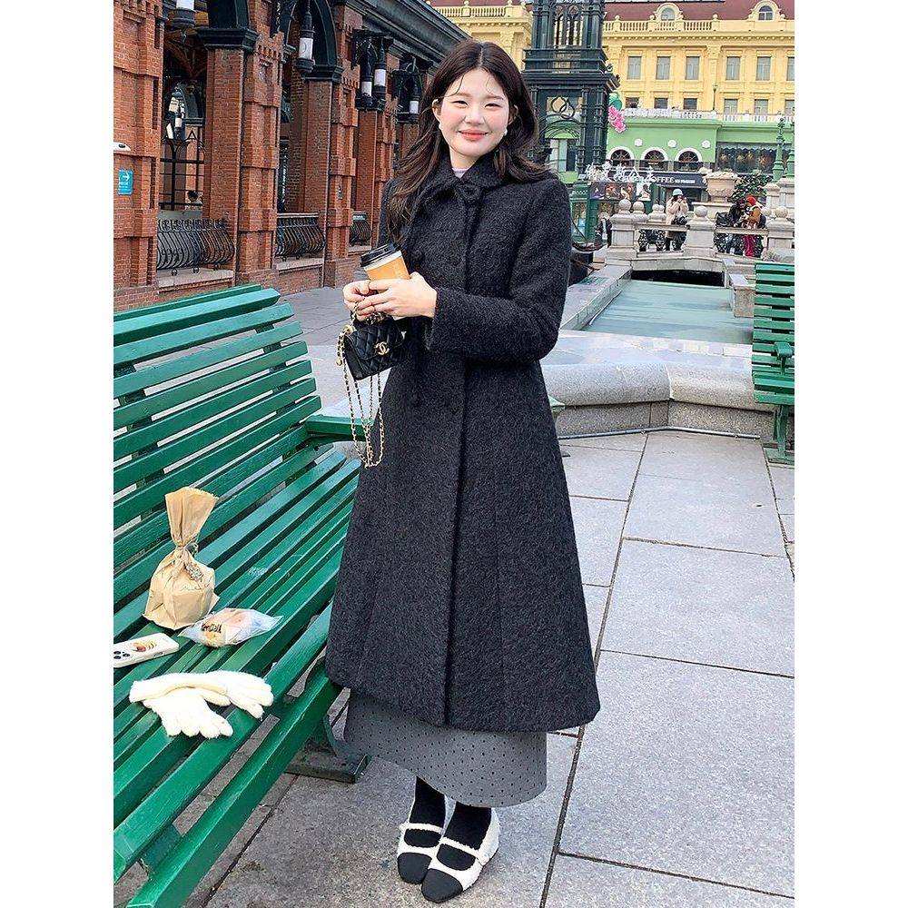 冬日欧尼 韩版气质高智感翻领双排扣千金风秋冬中长款毛呢外套女