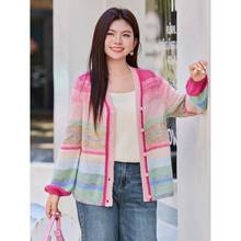 MsShe大码女装2025秋装羊毛混纺彩虹条纹V领宽松显瘦短款毛衣外套