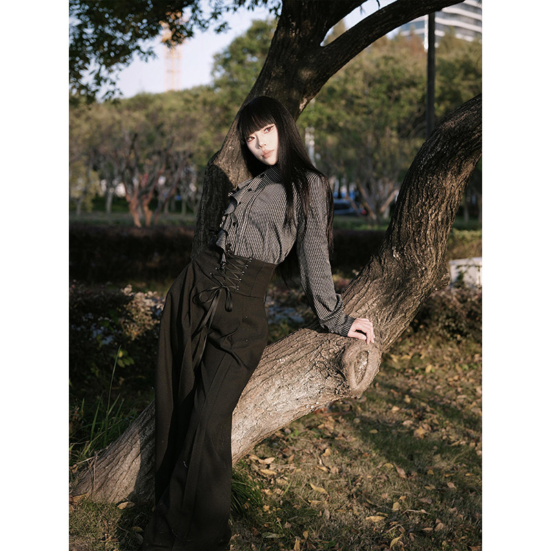 法式复古设计感套装女秋季新款气质条纹衬衫+阔腿宽松长裤两件套