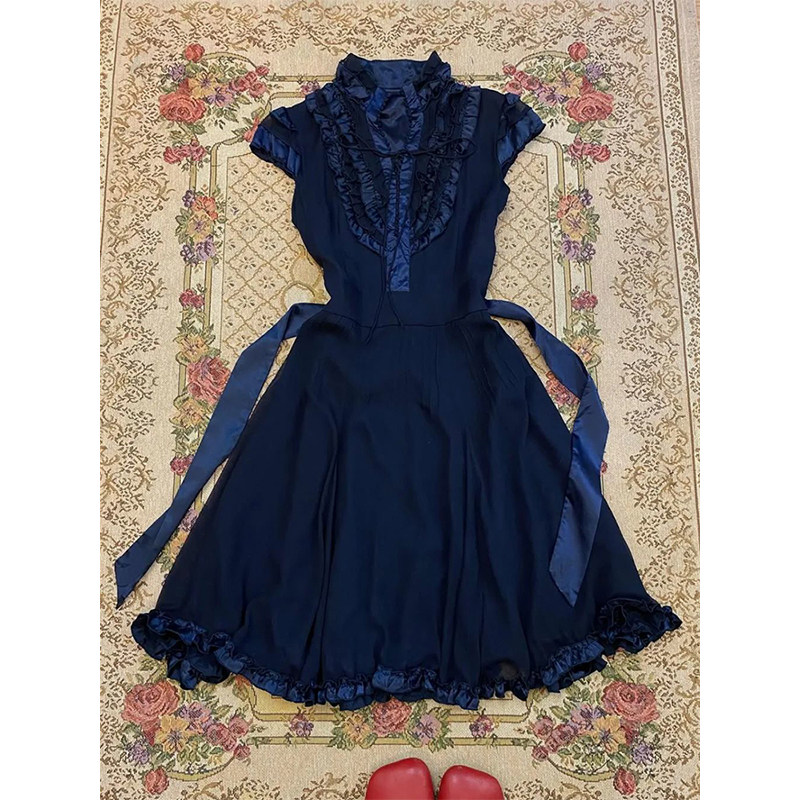 古着vintage高级感系带显瘦连衣裙女夏新款花边拼接收腰绝美长裙