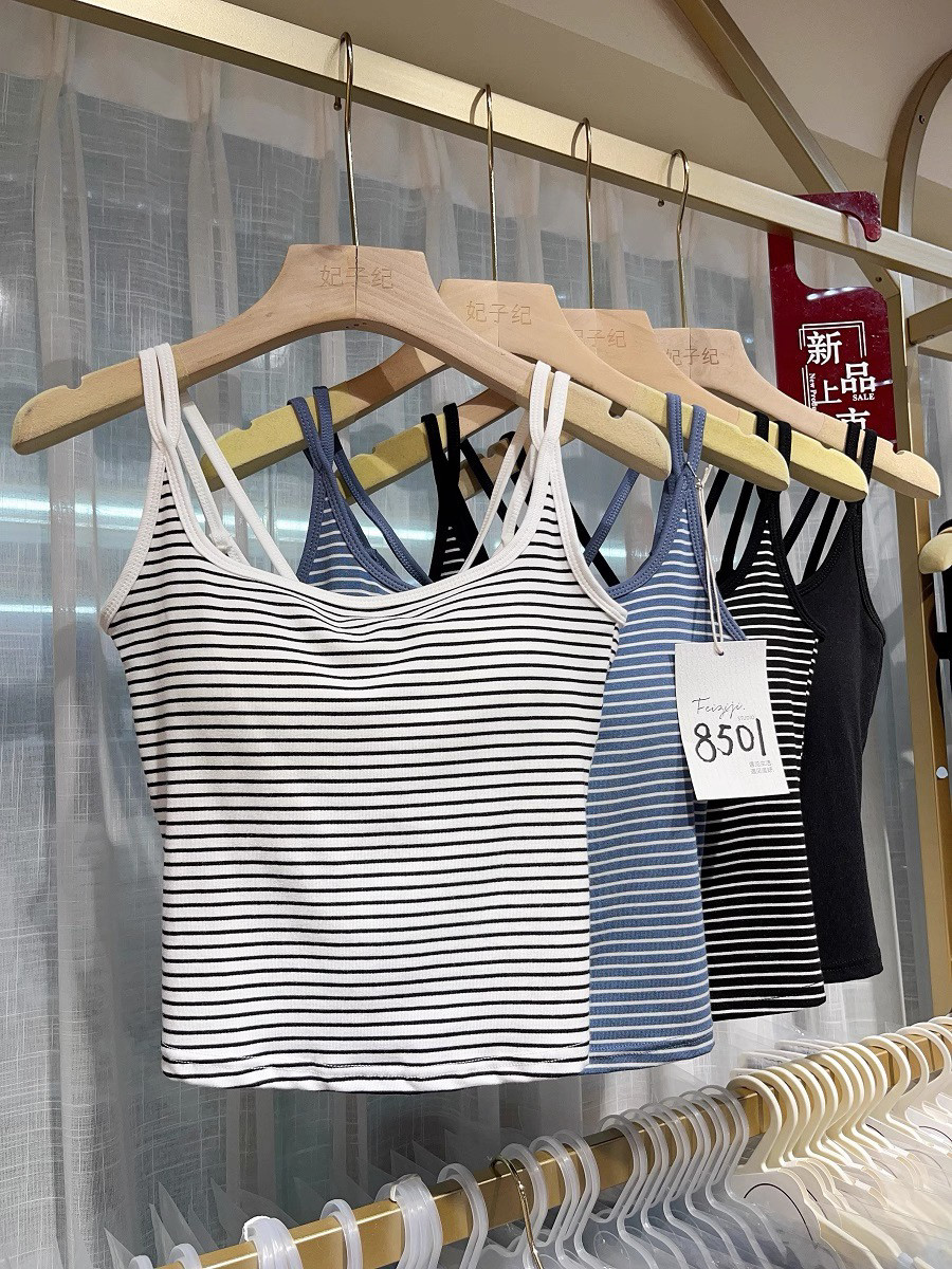 妃子纪条纹细肩带露背辣妹吊带背心女带胸垫打底外穿美背内搭上衣