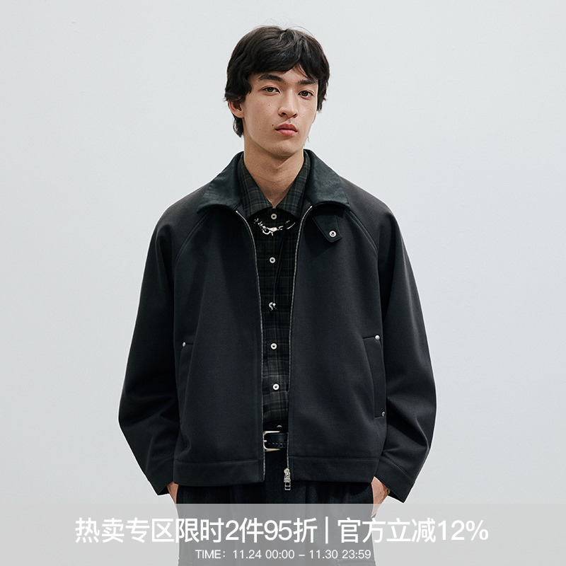 WHIMNOTION 25AW「皮领千鸟格」撞钉结构拼接重磅呢感夹克外套秋