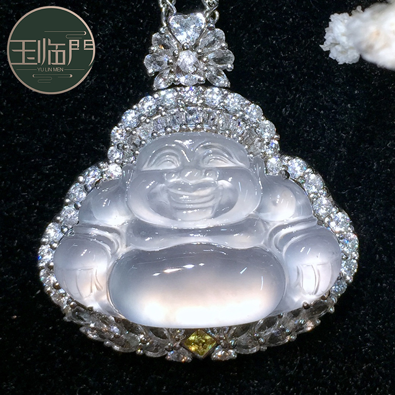 玉临门天然缅甸老坑a货翡翠冰种白冰底色佛公18k金镶嵌翡翠吊坠女